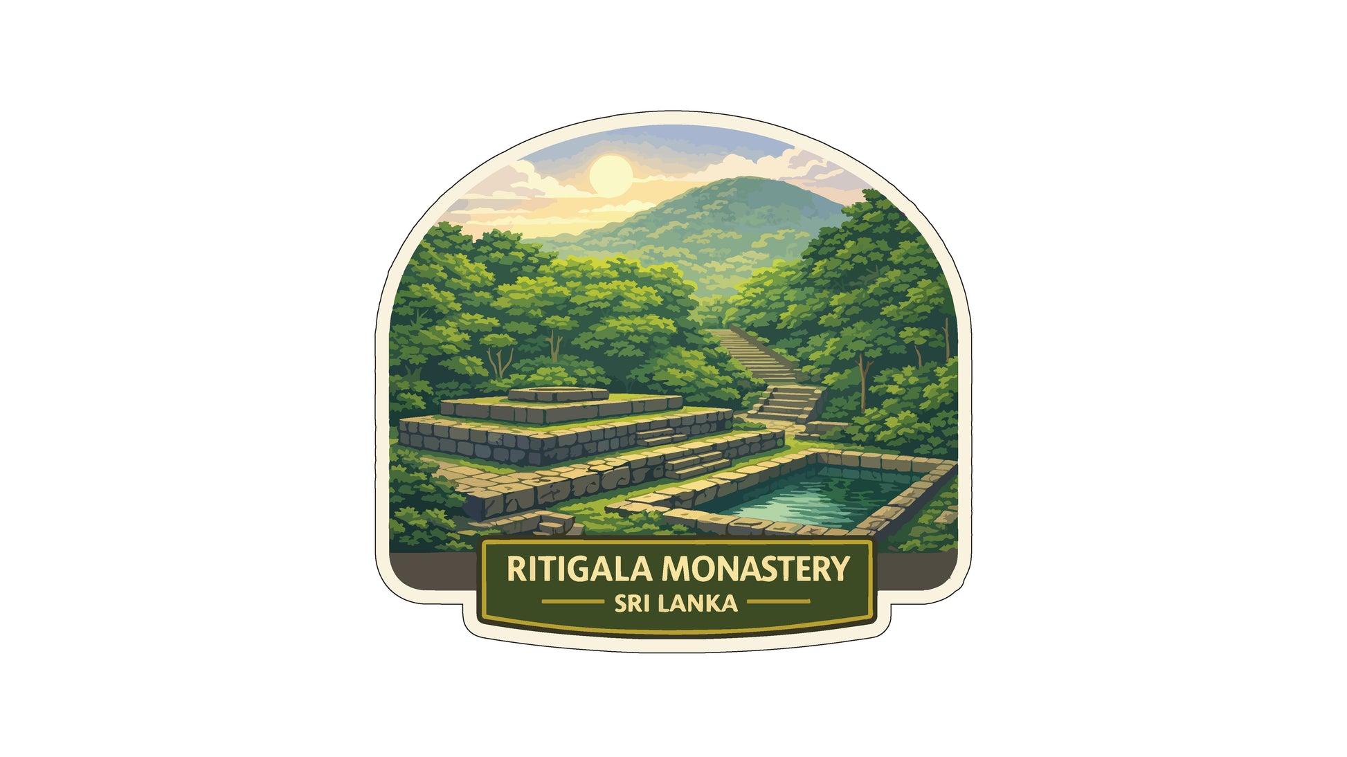 a serene landscape with a temple nestled in the middle, surrounded by lush greenery and a tranquil pond. The sky is filled with clouds, creating a peaceful atmosphere. The text "RITIGALA MONASTERY SRI LANKA" is prominently displayed, indicating the location of the temple.