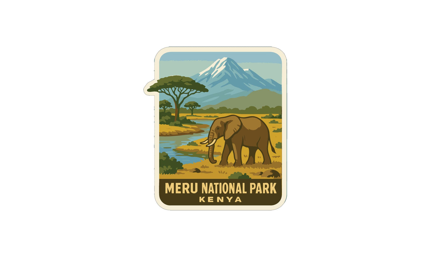 an elephant in a natural setting, with mountains in the background and a tree in the foreground. The text "MERU NATIONAL PARK KENYA" is displayed below the illustration.
