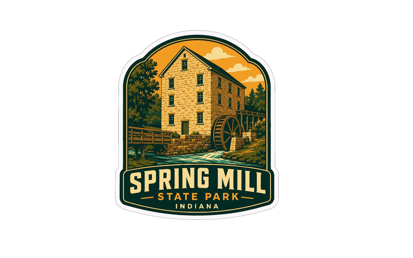 A vintage-style illustration of a brick building with a watermill, surrounded by trees and a bridge, representing Spring Mill State Park in Indiana.