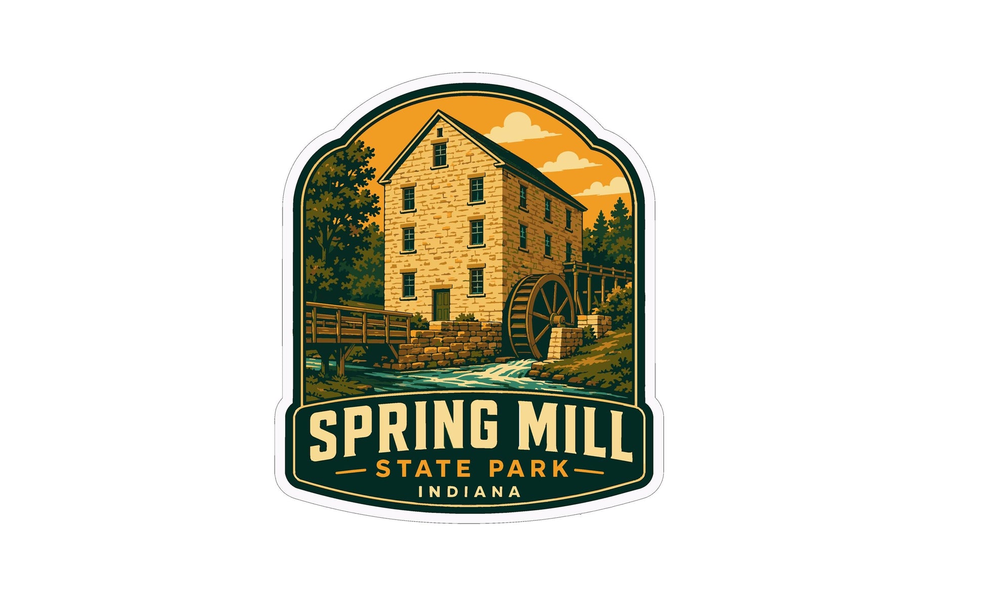 A vintage-style illustration of a brick building with a watermill, surrounded by trees and a bridge, representing Spring Mill State Park in Indiana.