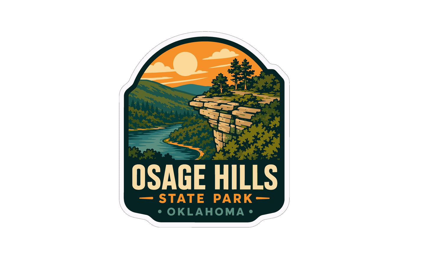 a sticker or emblem with a scenic landscape depicting a cliff overlooking a river, surrounded by trees and mountains. The text "OSAGE HILLS STATE PARK - OKLAHOMA" is prominently displayed, indicating the location of the park.