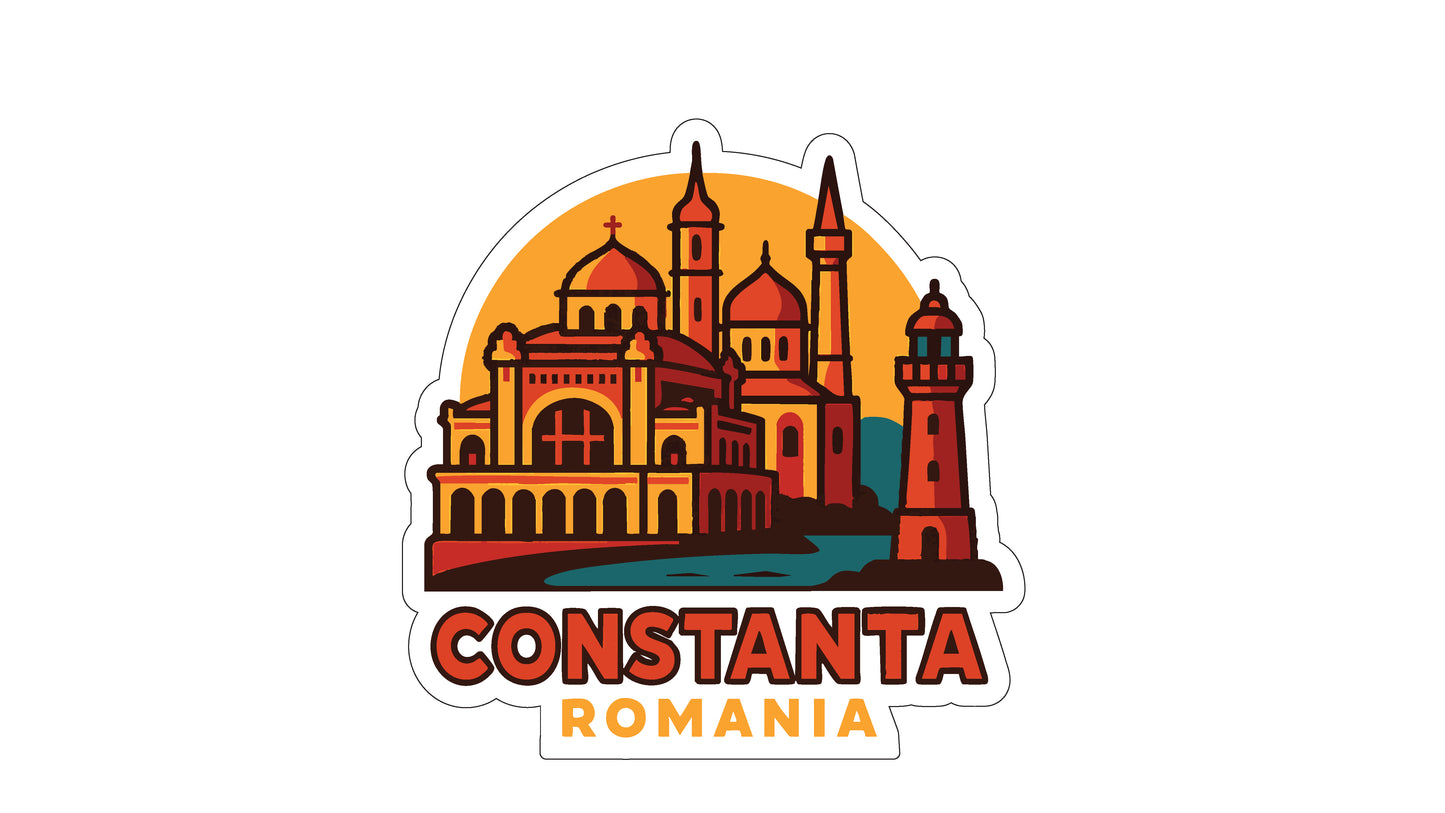 a stylized illustration of the Romanian city of Constanta, with the text "CONSTANTA ROMANIA" prominently displayed.