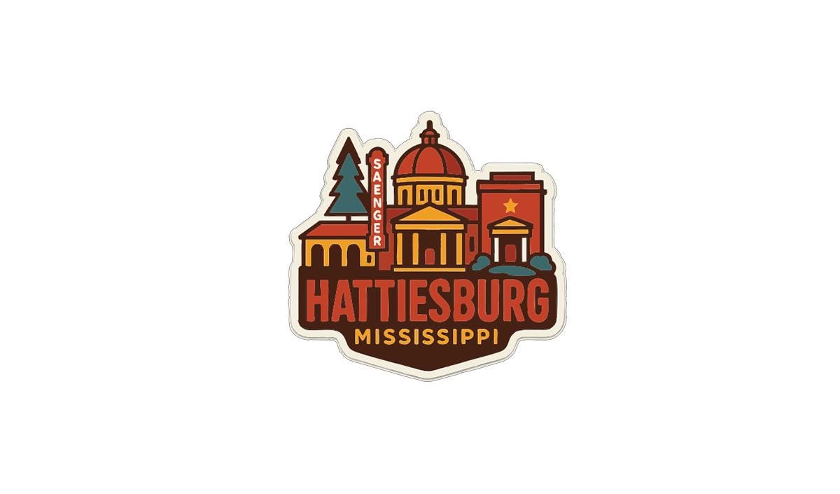 A stylized sticker or emblem featuring the city of Hattiesburg, Mississippi, with various landmarks and buildings depicted in a colorful, cartoon-like style.
