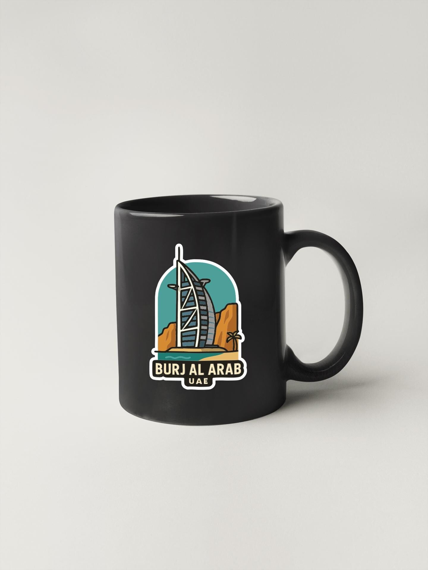 A black coffee mug with a graphic design featuring the Burj Al Arab hotel in Dubai, United Arab Emirates.
