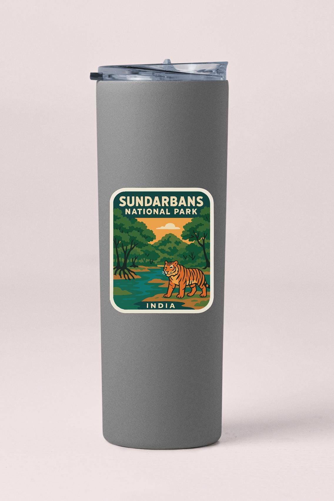 A gray tumbler with a label that says "SUNDARBANS NATIONAL PARK INDIA".
