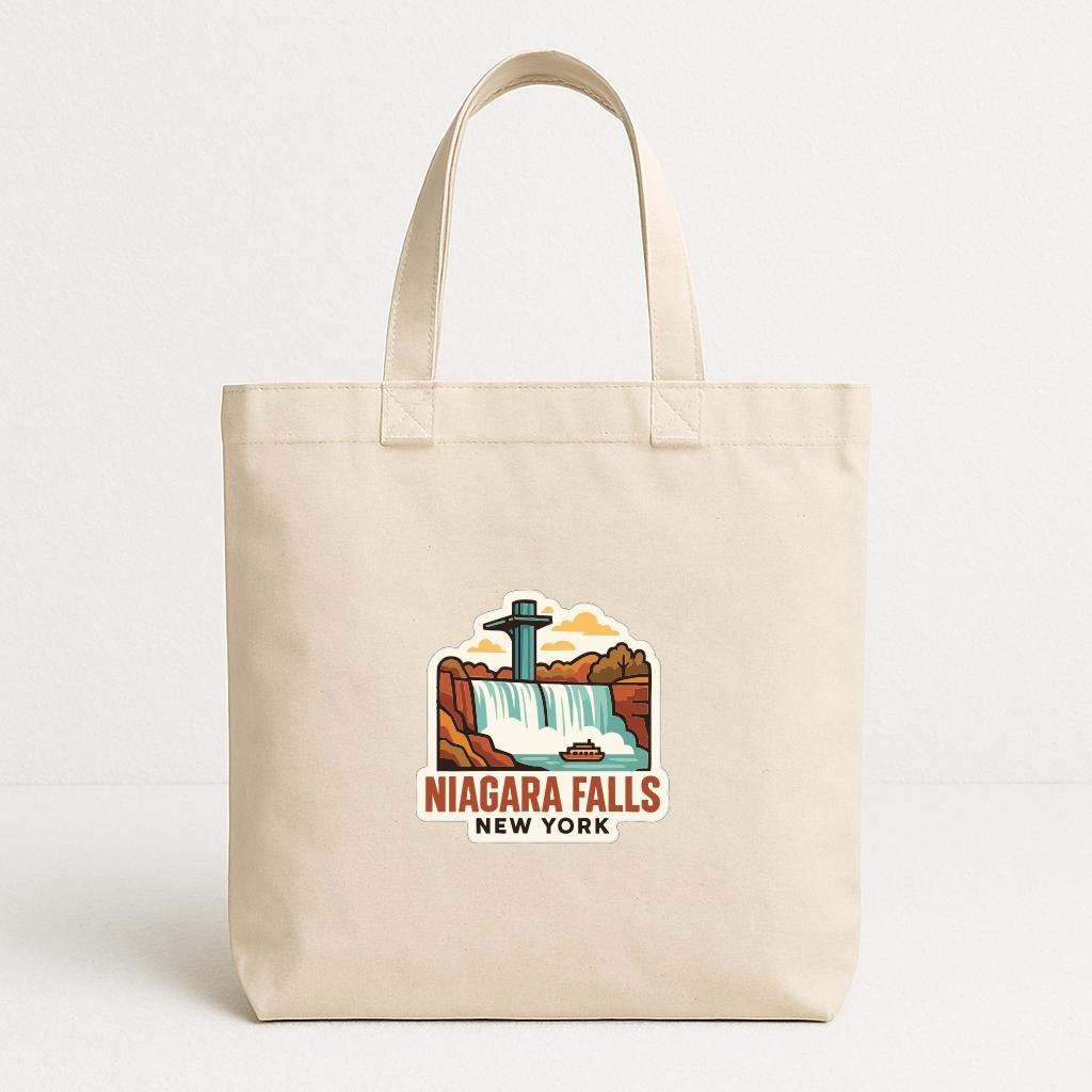 A beige tote bag with a printed design depicting Niagara Falls, New York.