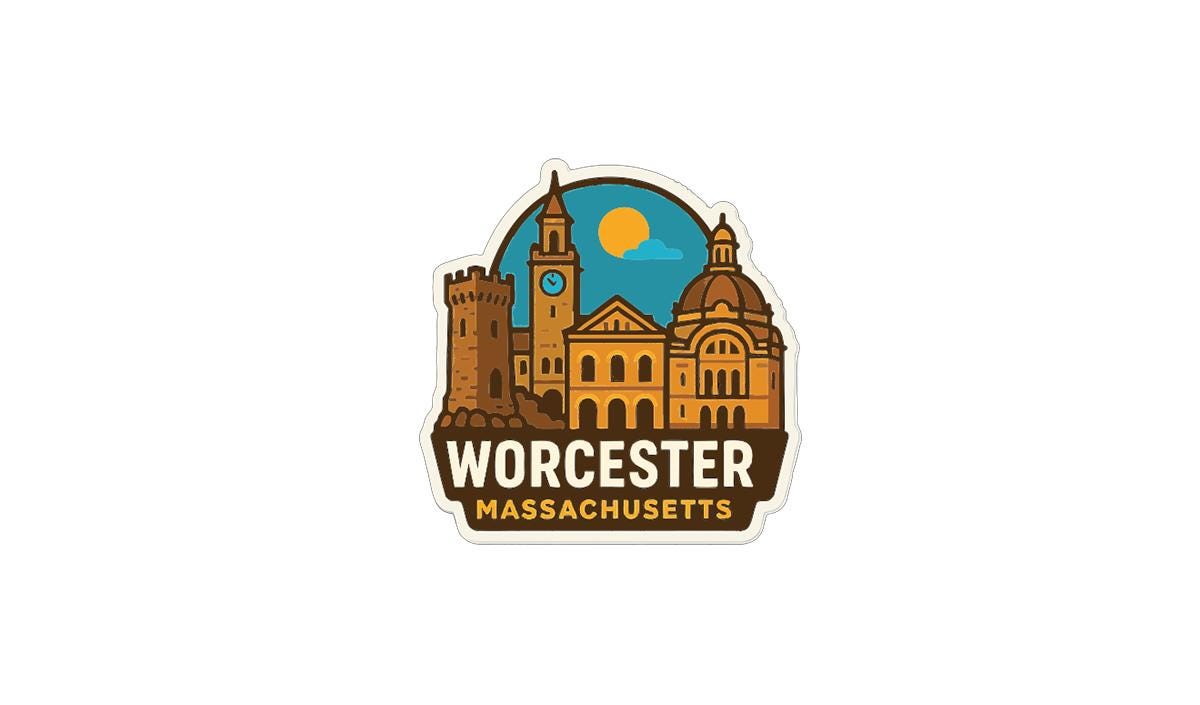 A sticker or emblem featuring the skyline of Worcester, Massachusetts, with various buildings and landmarks depicted.