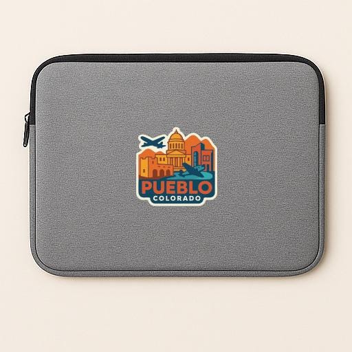 A gray laptop sleeve with a colorful logo of Pueblo, Colorado on it.