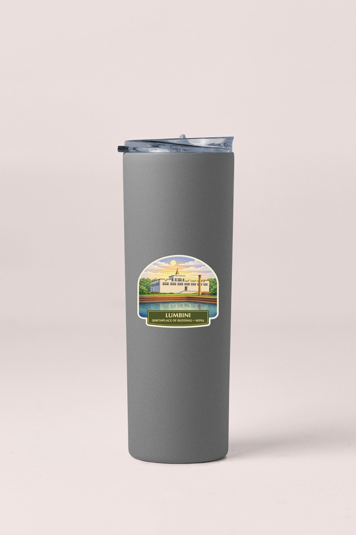 A gray cylindrical container with a lid and a label featuring an illustration of a building and a body of water.