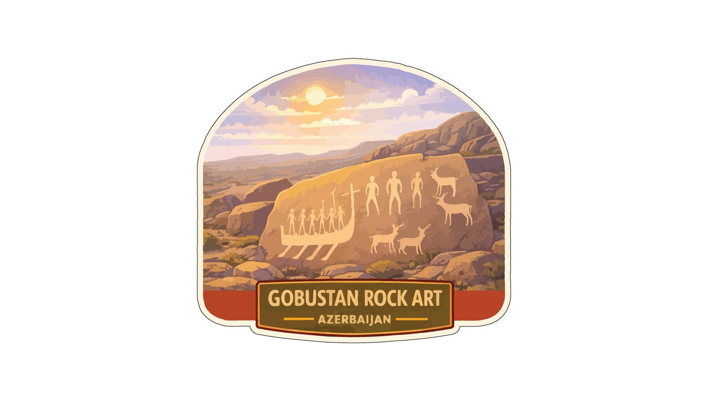 a rock with ancient cave paintings on it, set against a scenic landscape with mountains and a sunset.
