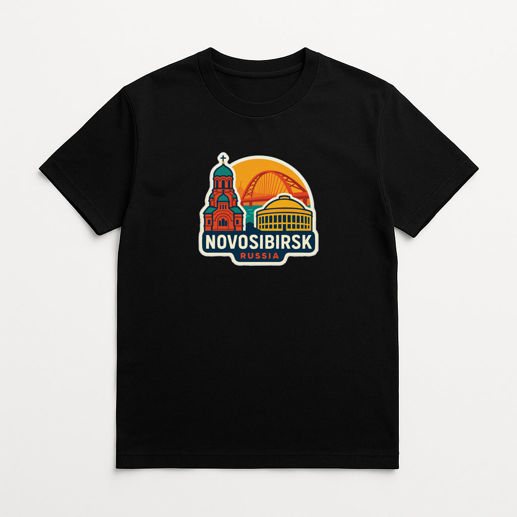 A black t-shirt with a graphic design depicting the Novosibirsk landmark in Russia.