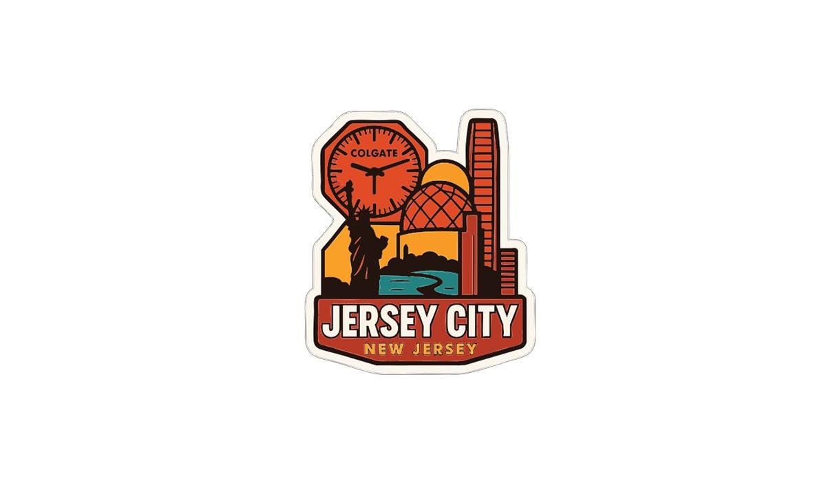 A sticker or logo depicting a city skyline with a clock, representing Jersey City, New Jersey.