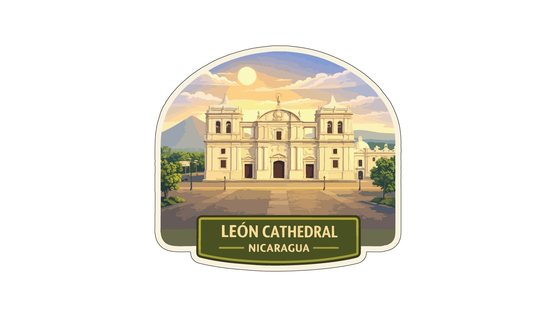 the Leon Cathedral in Nicaragua, featuring a large white church with two towers and a dome, set against a backdrop of a blue sky with a yellow sun and clouds.