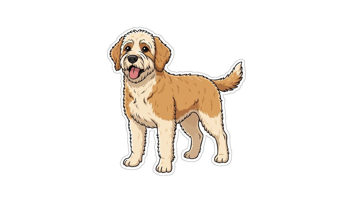A cartoon illustration of a brown and white dog with a friendly expression, standing upright and looking directly at the viewer.
