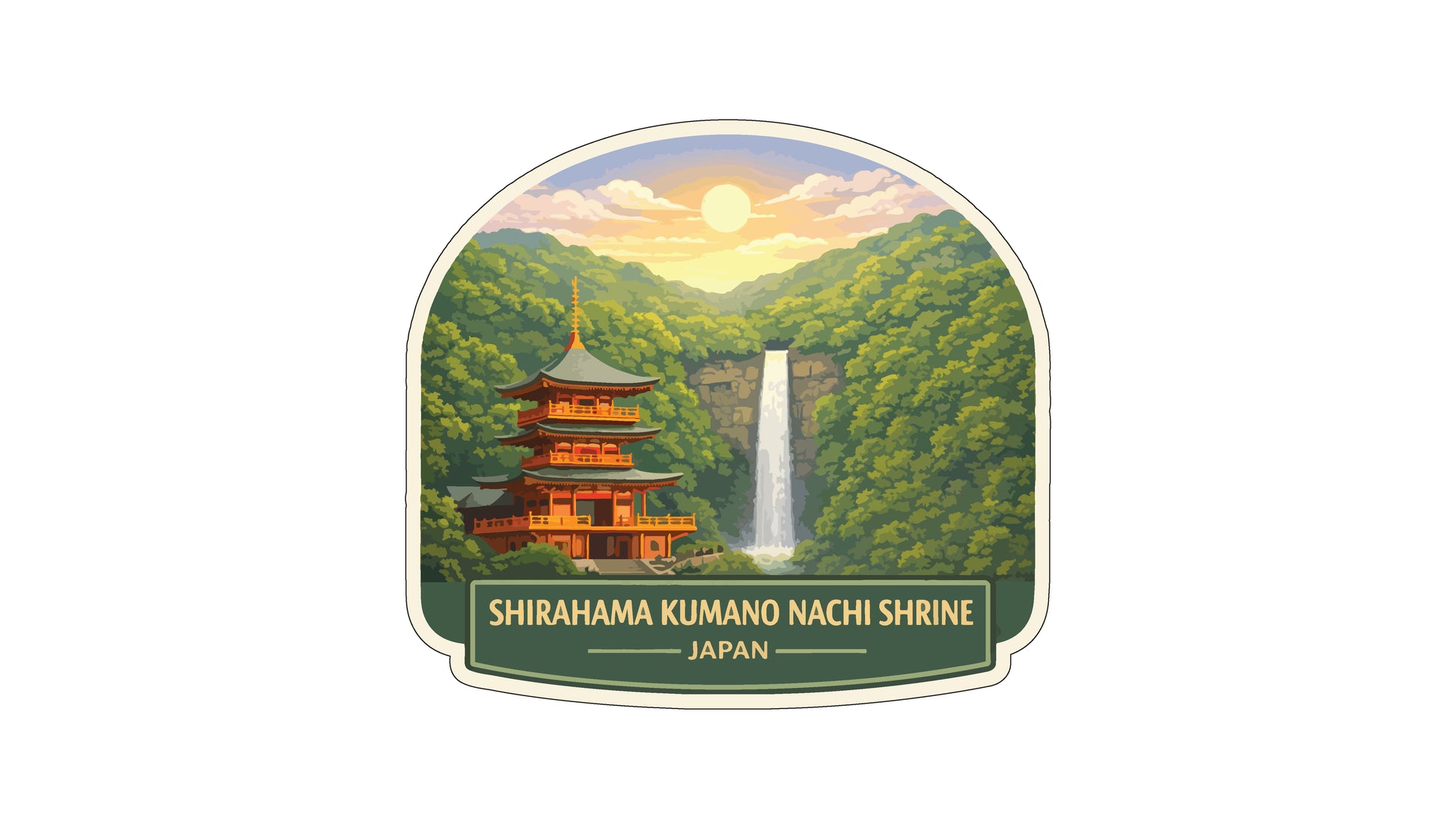 A sticker depicting the Shirehama Kumango Nachi shrine in Japan, with a traditional Japanese temple in the background and a waterfall cascading down a cliff in the foreground.
