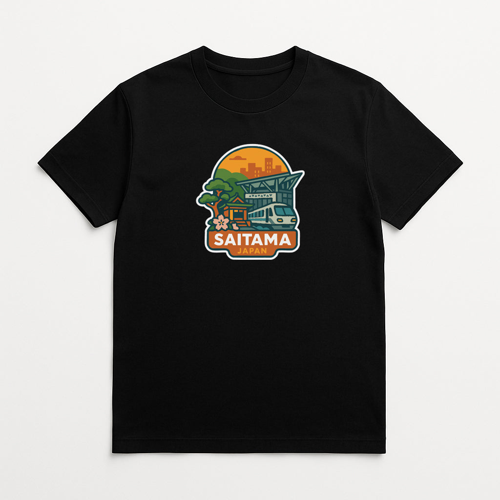 A black t-shirt with a graphic design depicting a cityscape with a large sun in the center.