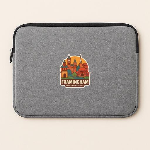A gray laptop sleeve with a sticker of Framingham, Massachusetts.