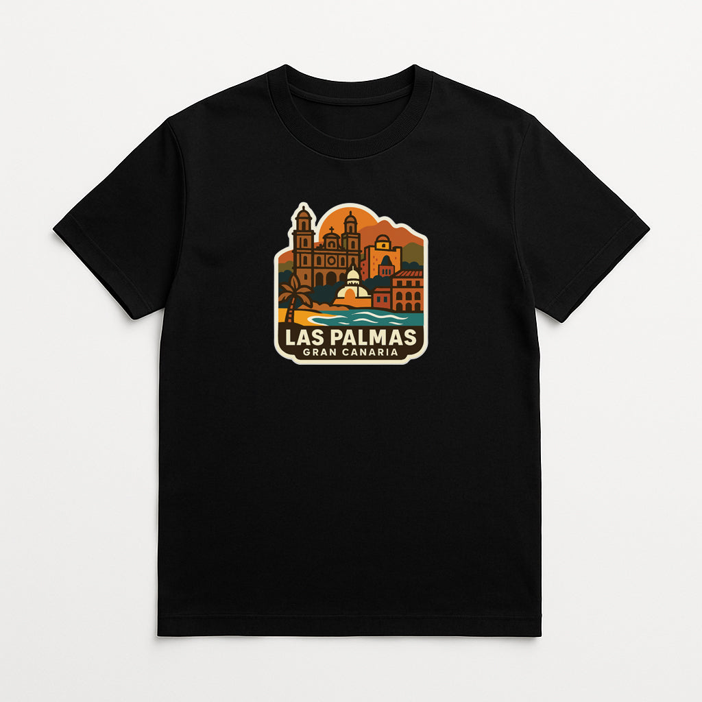 A black t-shirt with a graphic design depicting the city of Las Palmas, Gran Canaria, featuring colorful buildings and landmarks.