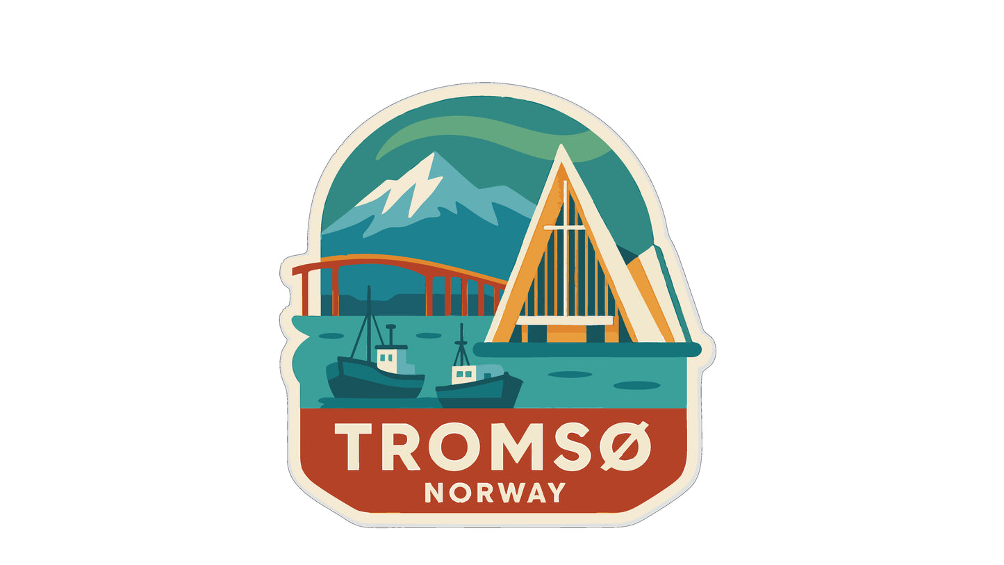 A sticker depicting a scenic view of Tromsø, Norway, with a mountain, a church, and boats in the water.