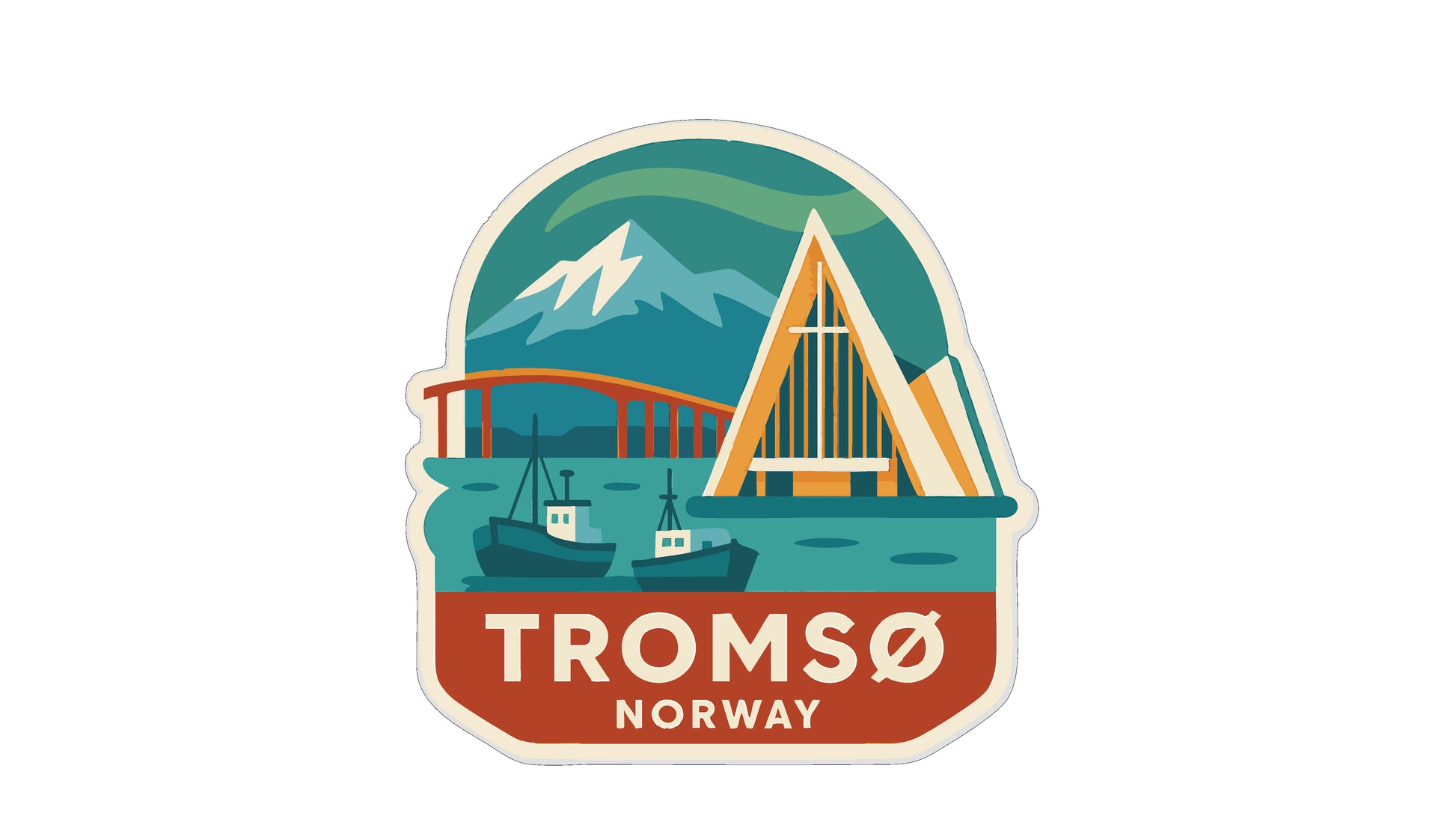 A sticker depicting a scenic view of Tromsø, Norway, with a mountain, a church, and boats in the water.