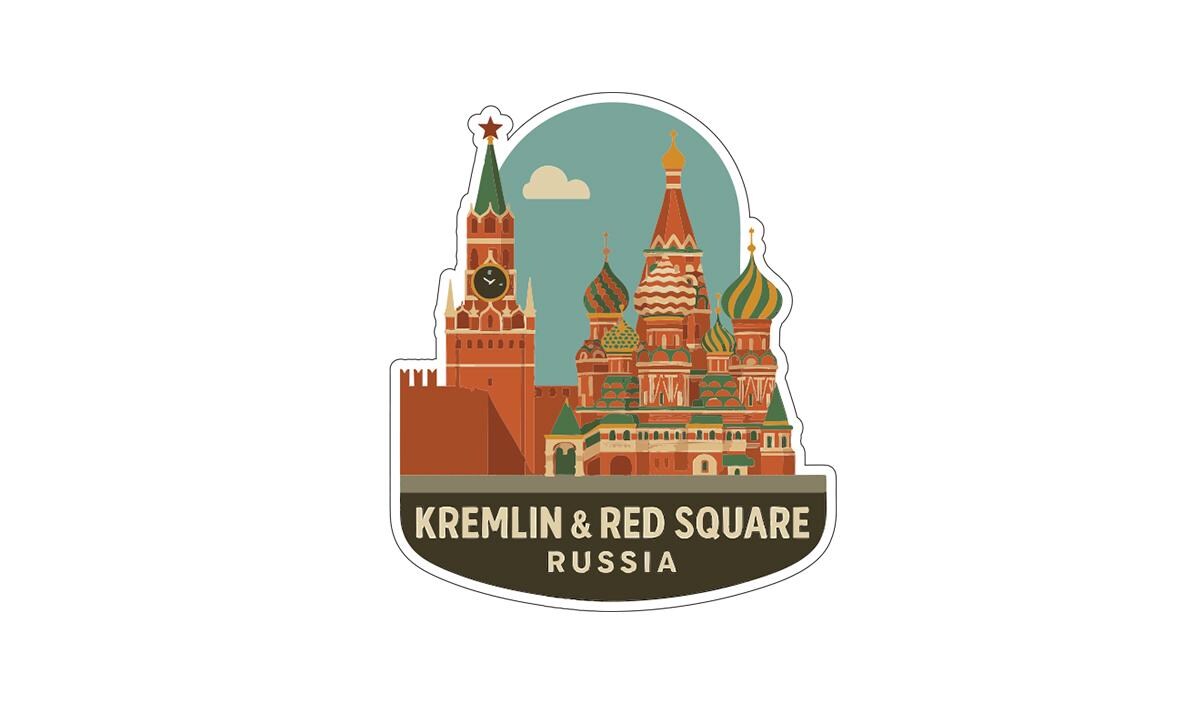 A sticker depicting the Kremlin and Red Square in Moscow, Russia.