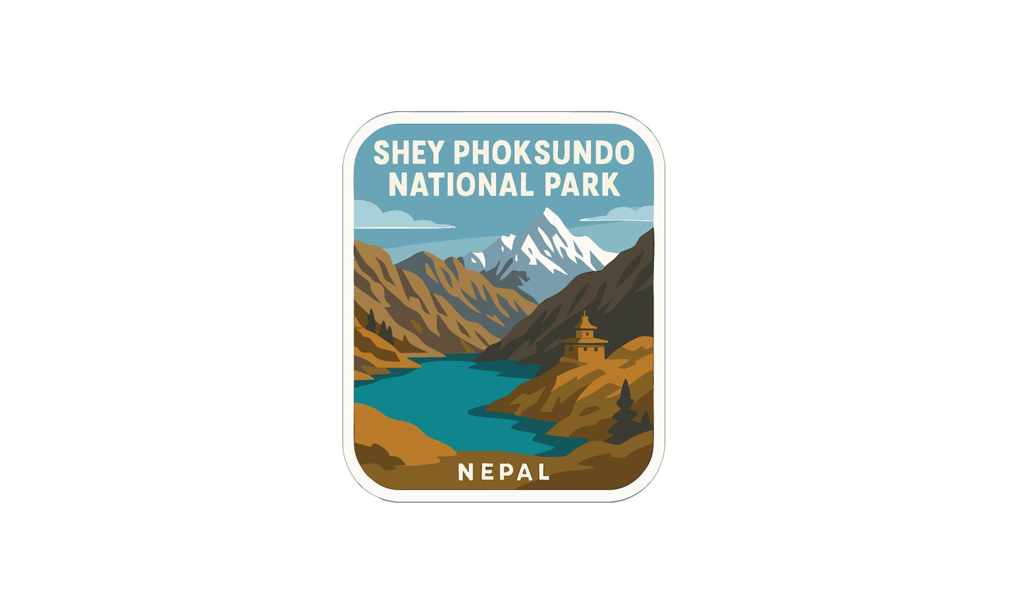 The image is a sticker or label for Shey Phok Sundo National Park in Nepal, featuring a mountain landscape with a river and a temple-like structure.