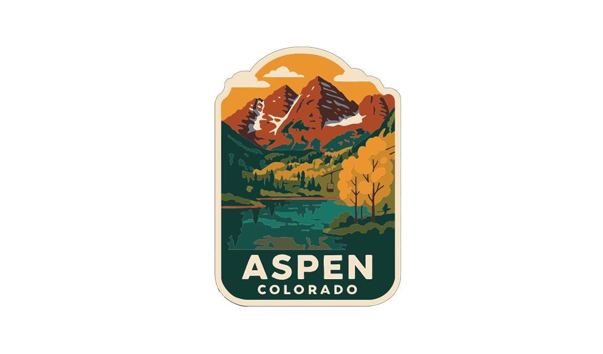 A sticker or label featuring a scenic mountain landscape with a lake and autumn trees, with the text "Aspen, Colorado" prominently displayed.