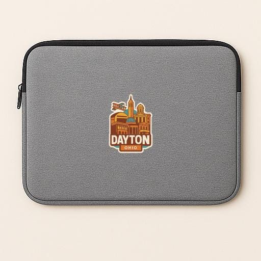 A gray laptop sleeve with a graphic of a city skyline and the text "DAYTON OHIO" printed on it.
