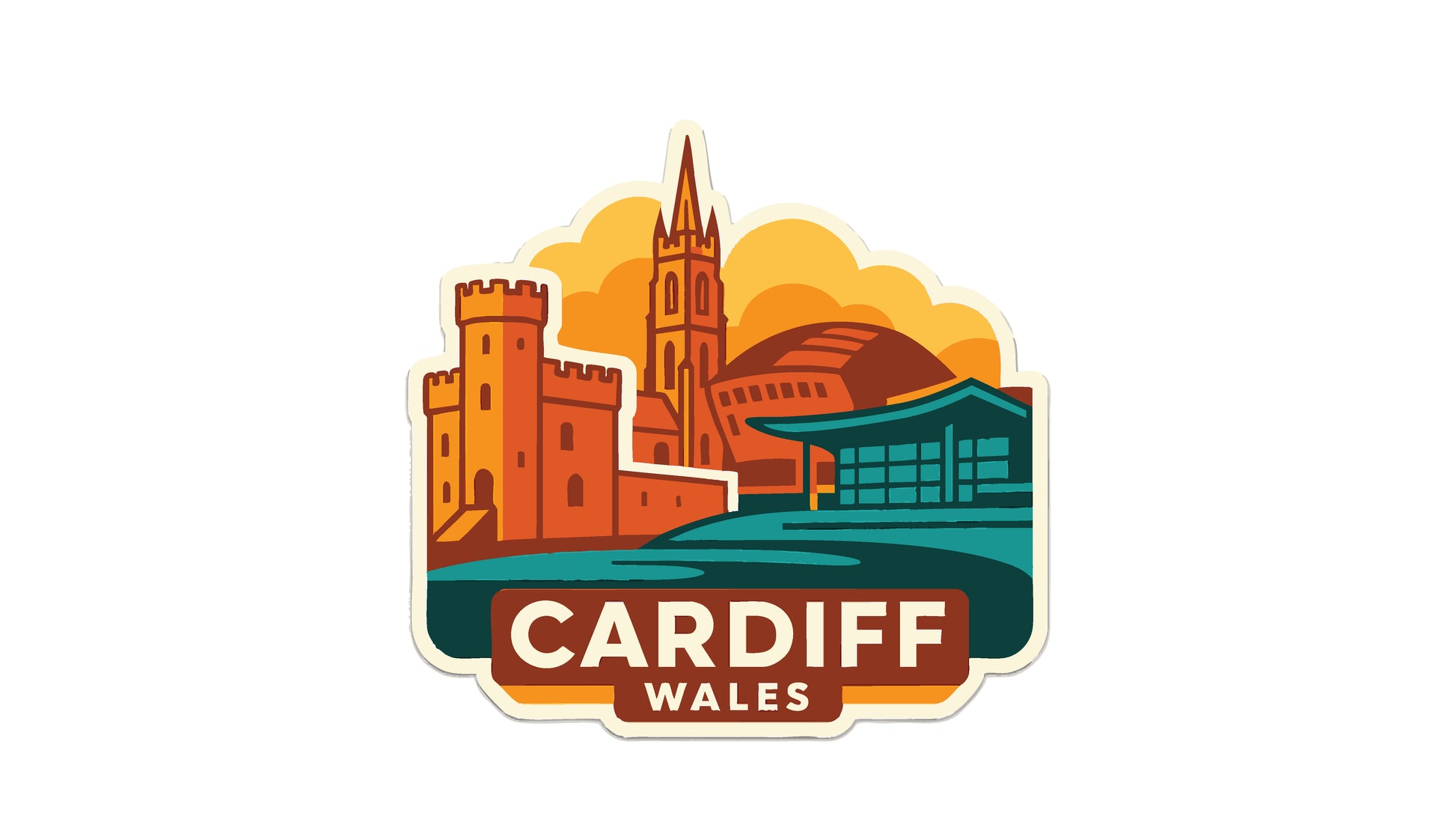 a stylized illustration of Cardiff, Wales, with a castle and a cathedral in the background.