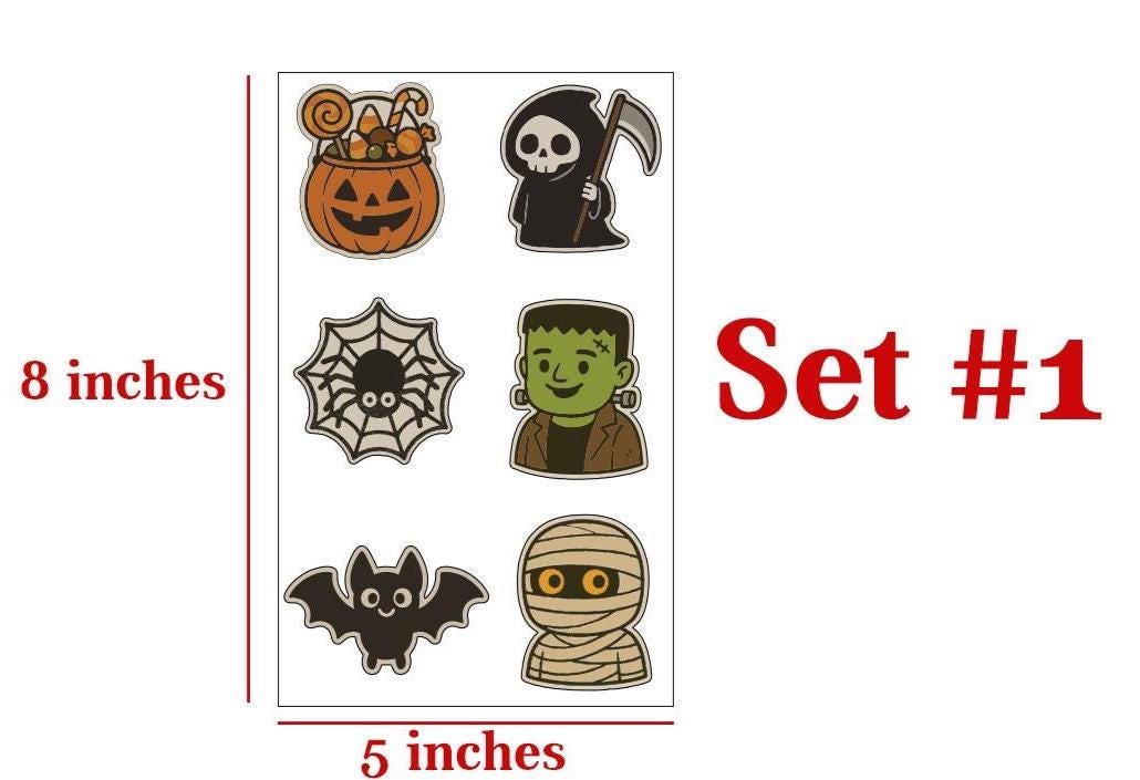 a set of Halloween-themed stickers, each measuring 8 inches in length. The stickers depict various spooky and festive characters, including a jack-o-lantern, a skeleton, a ghost, a spider, a Frankenstein's monster, a bat, and a mummy.