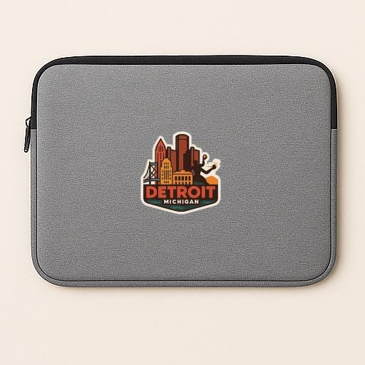 A gray laptop sleeve with a graphic of the Detroit skyline and the text "Detroit Michigan" printed on it.