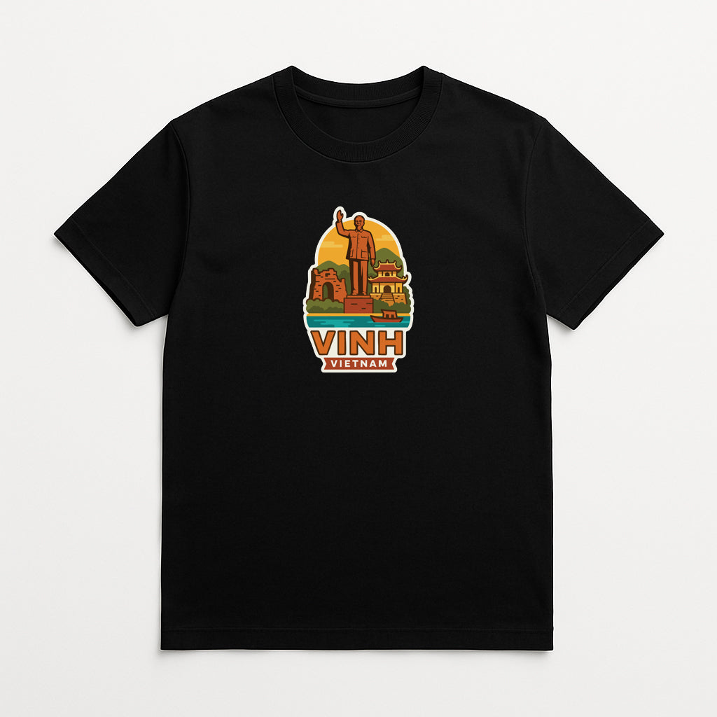 A black t-shirt with a graphic design depicting a statue of a man standing in front of a temple, with the text "VINH" prominently displayed.