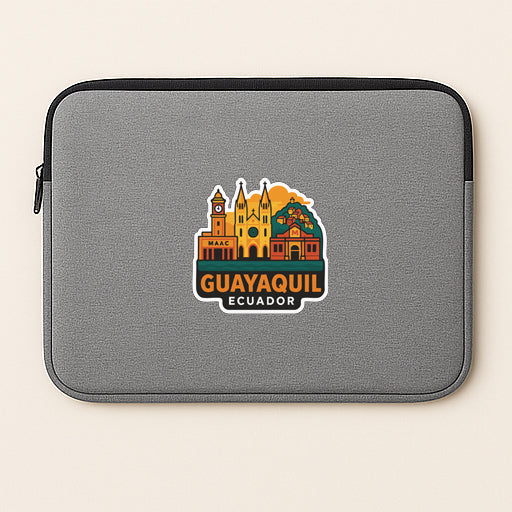 a gray laptop sleeve with a colorful graphic of the city of Guayaquil, Ecuador.