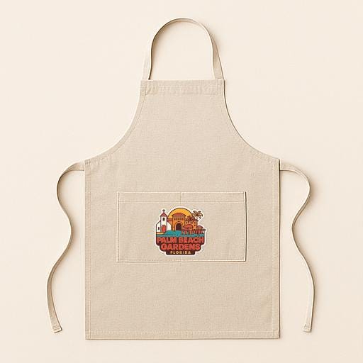 A beige apricot with a graphic design on the front pocket, featuring a colorful illustration of a garden scene.