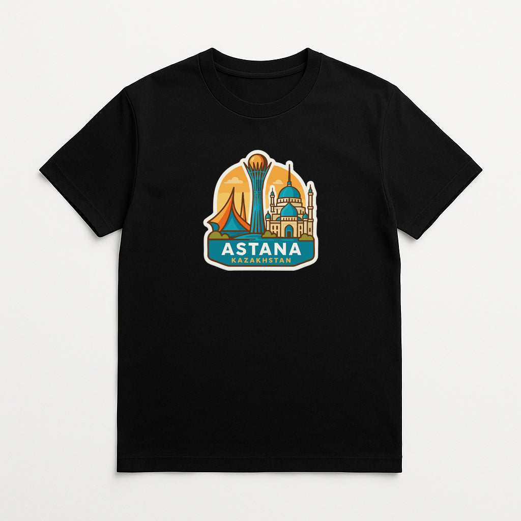 A black t-shirt with a graphic design depicting the skyline of Astana, the capital city of Georgia, and the name 'Astana' prominently displayed.