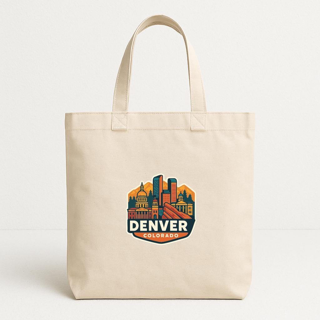 A beige tote bag with a graphic of the Denver skyline printed on it.