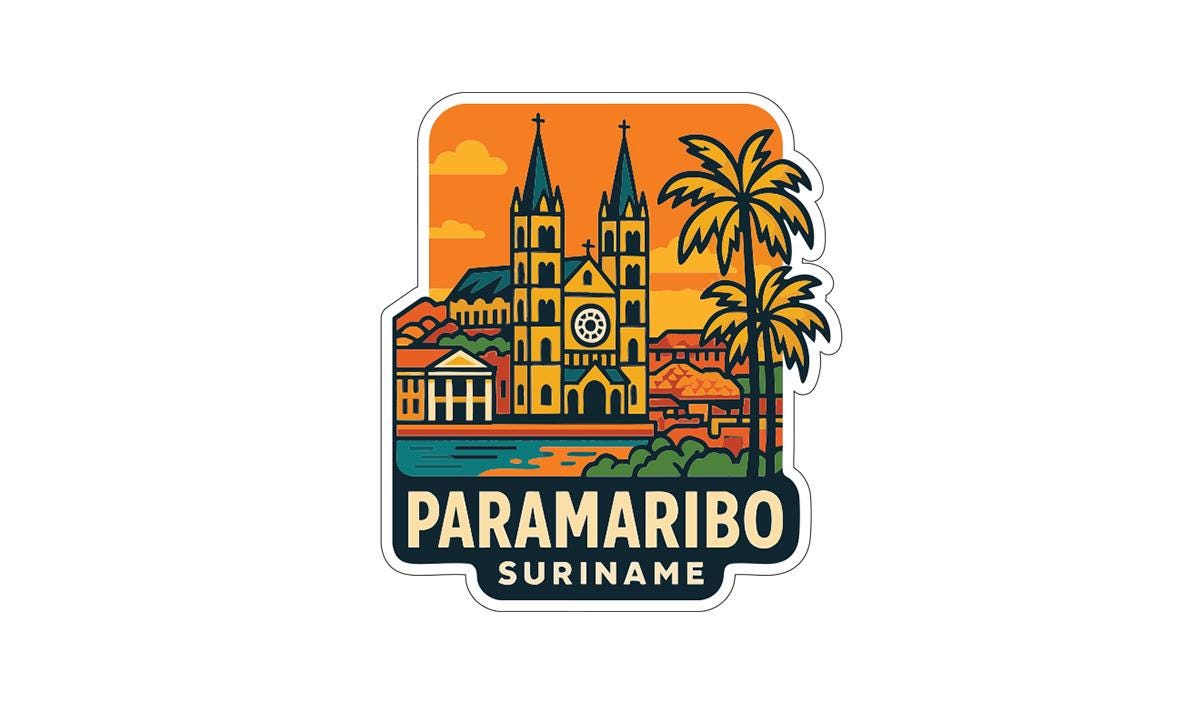 a sticker or logo with a stylized illustration of a cityscape, including a church, palm trees, and a sunset. The text "PARAMARIO SURINAME" is prominently displayed, indicating the name of the city.