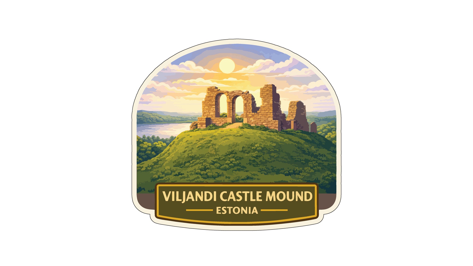 a castle on a hill with a scenic background, including a sunset and a body of water.