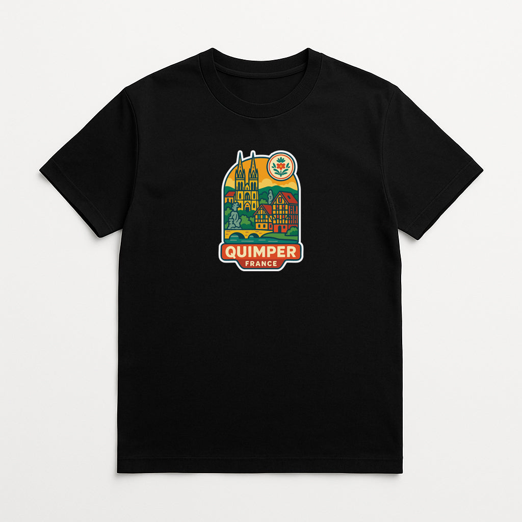 A black t-shirt with a colorful graphic design depicting a cityscape and the text "QUIMPER BAND" printed on it.