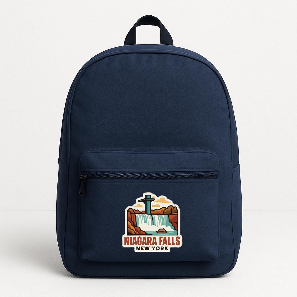 A navy blue backpack with a graphic of Niagara Falls and the text " Niagara Falls New York" printed on it.