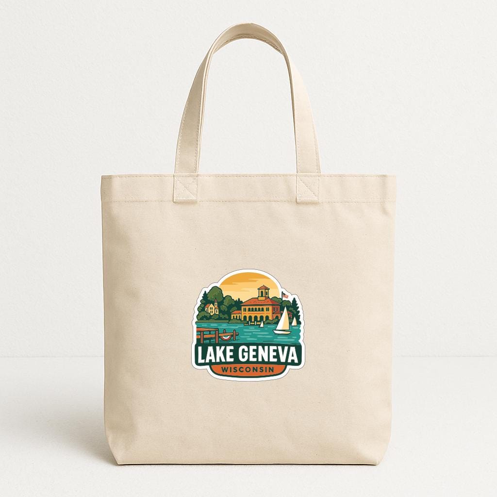 A beige tote bag with a printed design depicting Lake Geneva, Wisconsin.