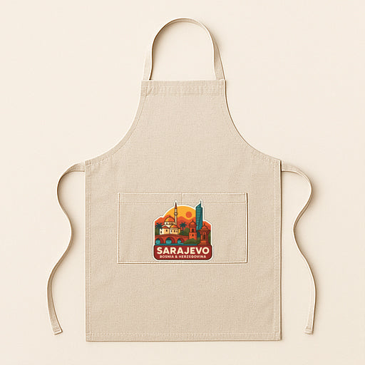 A beige apricot with a graphic design depicting a city skyline and the text "SARAJEVO" printed on it.