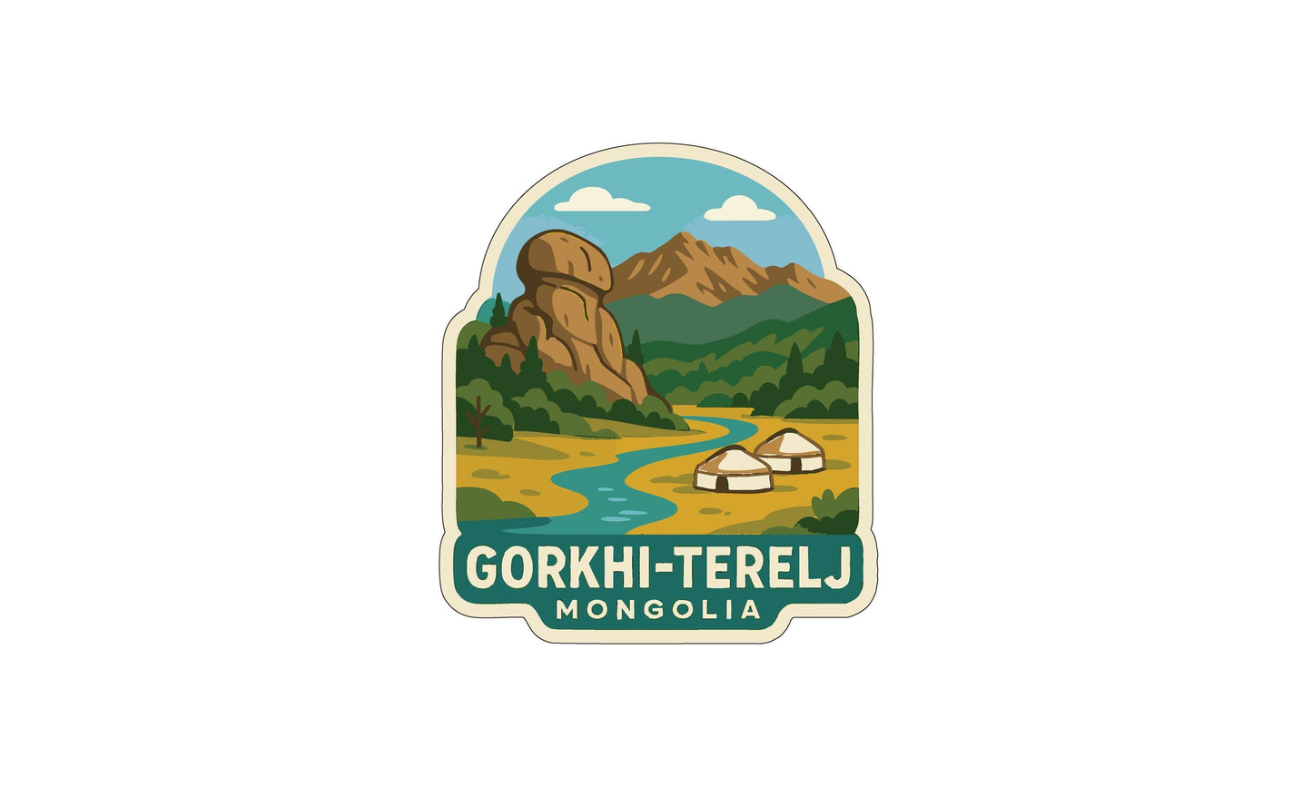 a logo for the city of Gorkhi-Terelj, located in Mongolia. The logo depicts a scenic landscape with mountains, a river, and two small settlements. The text "Gorkhi-Terelj" is prominently displayed, indicating the name of the city.