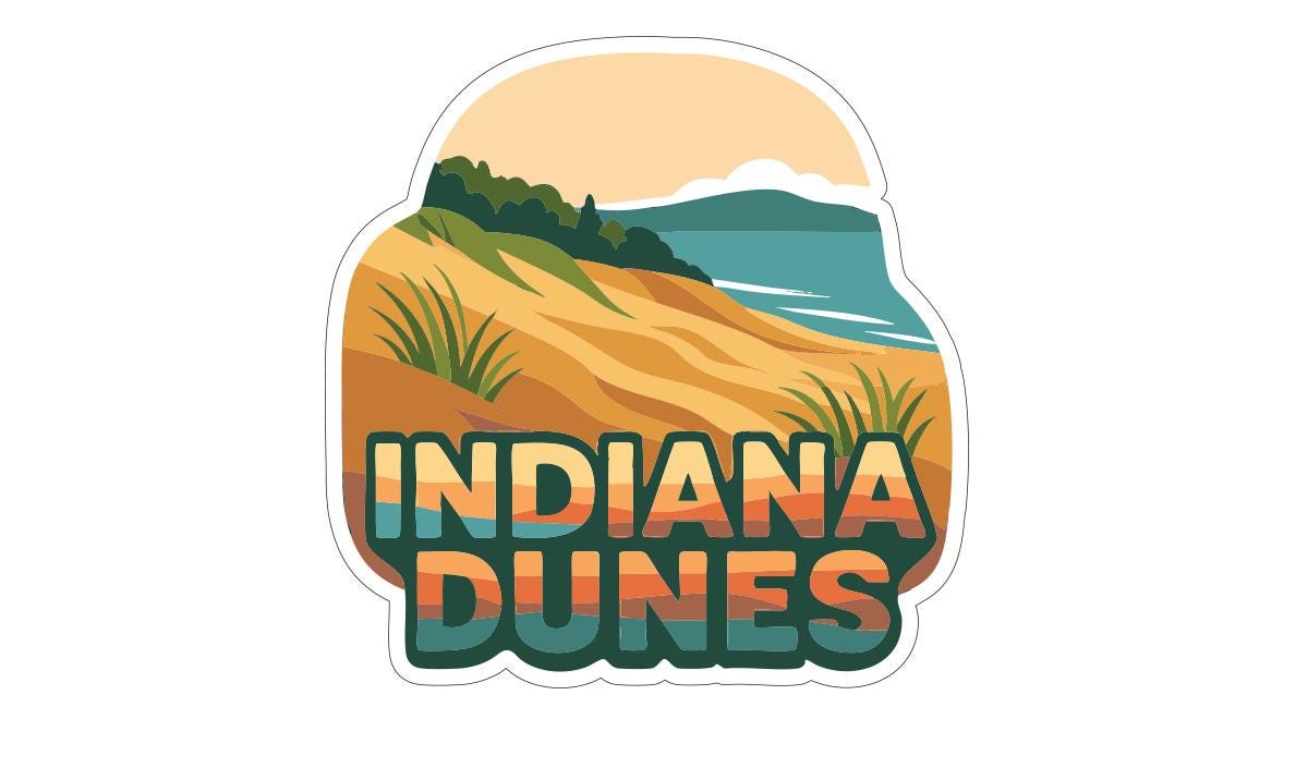 A sticker or graphic depicting a scenic landscape with a beach, mountains, and a sunset. The text "INDIANA DUNES" is prominently displayed in the center of the image.