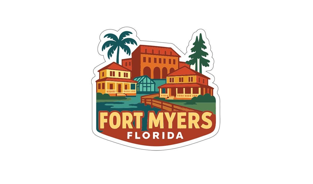 A sticker or emblem featuring a tropical-themed illustration of a resort or hotel complex in Fort Myers, Florida.