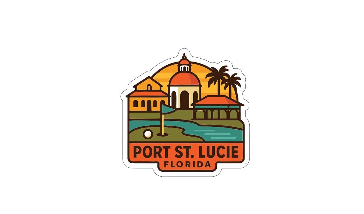 A sticker depicting the city of Port St. Lucie, Florida, with a colorful illustration of buildings, palm trees, and a sunset.