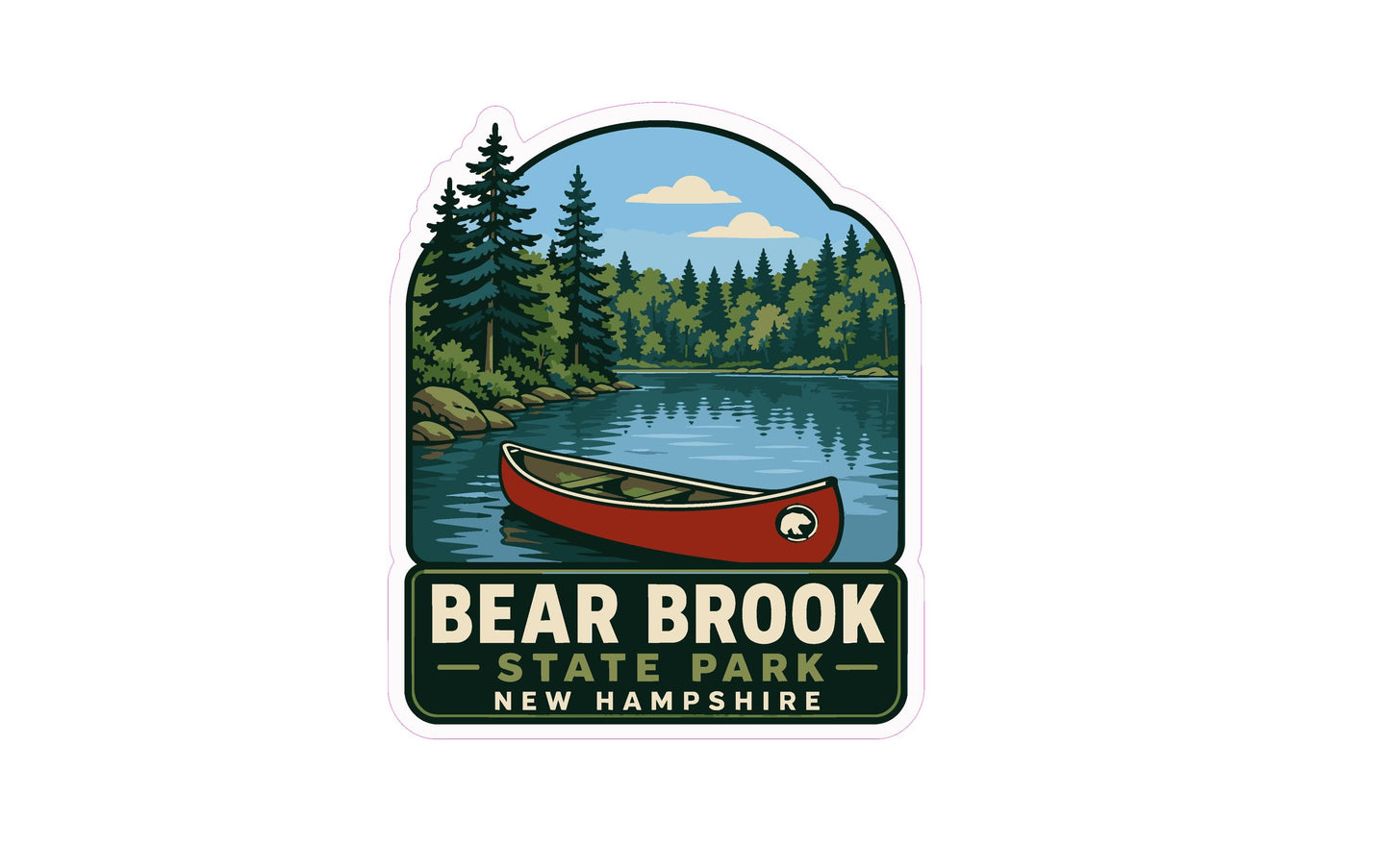 A sticker or emblem featuring a red canoe on a lake surrounded by pine trees and a blue sky with clouds, with the text "BEAR BROOK STATE PARK NEW HAMPSHIRE" below.