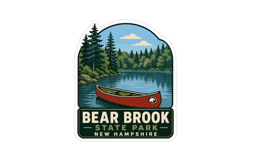 A sticker or emblem featuring a red canoe on a lake surrounded by pine trees and a blue sky with clouds, with the text "BEAR BROOK STATE PARK NEW HAMPSHIRE" below.