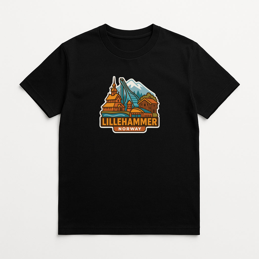 A black t-shirt with a graphic design depicting the Lillehammer, a historic landmark in Norway.