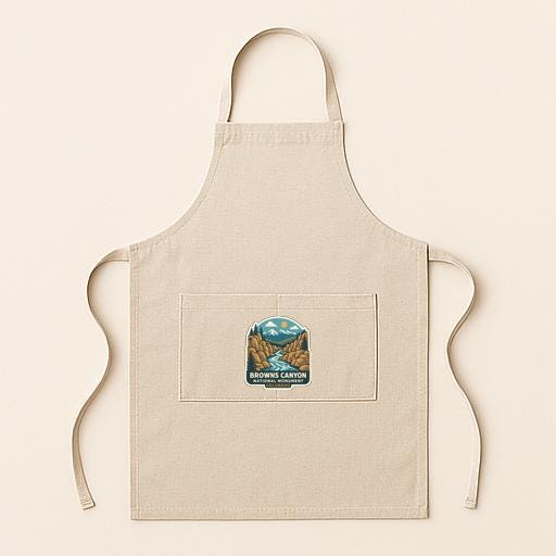 A beige apricot with a pocket and a small logo depicting a mountain range.